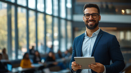 Successful businessman exuding confidence and joy in corporate lobby, holding tablet and embodying modern professionalism