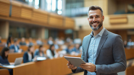 University professor smiling and interacting with students in lecture hall while holding a tablet