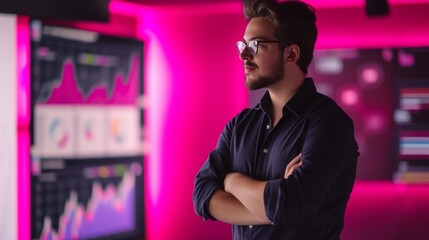 Fototapeta premium A young man with glasses stands with folded arms, observing digital screens displaying data in a modern and futuristic office environment. The neon pink lighting adds a cutting-edge and tech-driven