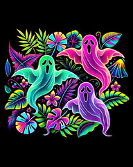 Obraz premium Neon Ghosts with Colorful Tropical Leaves and Flowers on Black Background