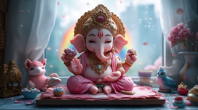 Cute Ganesha statue illustration with rainbow, pink and gold colors