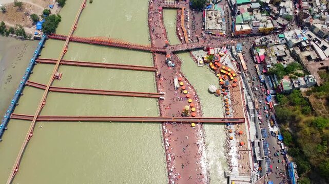 Aerial view of Har ki pauri is a famous ghat on the banks of the ganges in haridwar, India