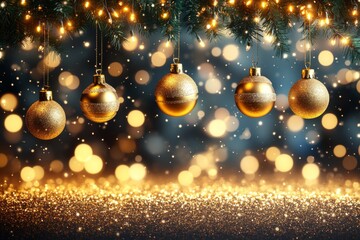 Fototapeta premium Elegant gold Christmas ornaments and snowflakes suspended against a twinkling festive background symbolizing holiday warmth and seasonal celebration