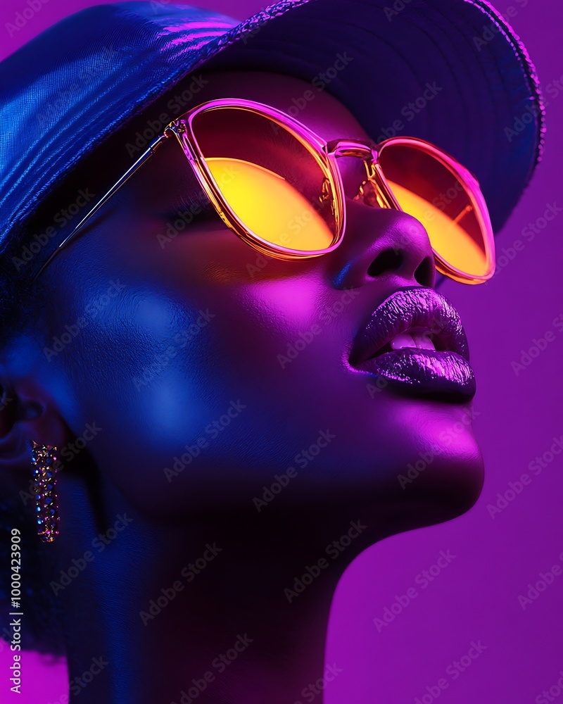 Sticker Fashion Portrait of Young Woman with Sunglasses and Cap in Neon Lighting