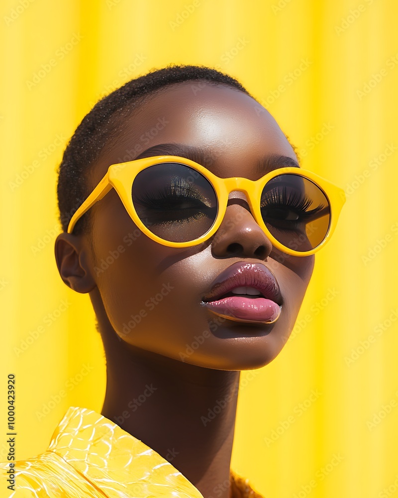 Sticker Black Woman with Short Hair Wearing Yellow Sunglasses against a Yellow Background