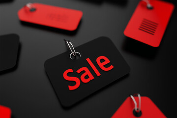 Black and red sale tags on dark background, modern retail discount concept