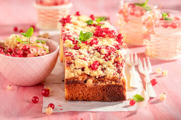 Tasty red currant yeast cake as summer dessert.