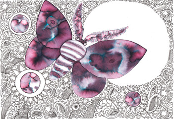 Night moth, moon and flowers drawn with multicolored ink on a background of small graphic patterns, hand drawing for graphic design.