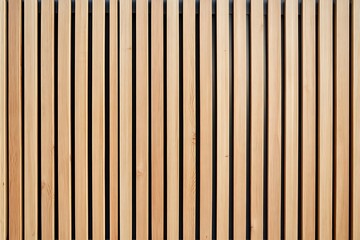 Obraz premium Wall made of wooden panels. Vertical wooden slats for facade cladding. Timber stripes made of beige pine. A modern plank surface for interior and exterior design. 