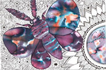 Night moth and sunflower drawn with multicolored ink on a background of small graphic patterns, hand drawing for graphic design.