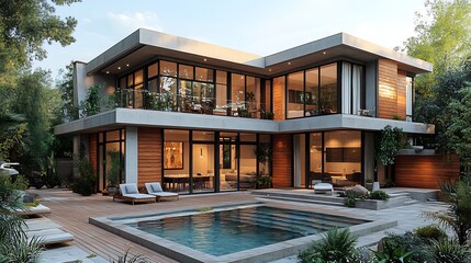 Fototapeta premium Modern Luxury Home with Swimming Pool and Patio