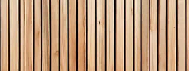 Naklejka premium Wall made of wooden panels. Vertical wooden slats for facade cladding. Timber stripes made of beige pine. A modern plank surface for interior and exterior design. 