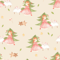 little girl sitting on the floor near the new year tree and playing on tea party - watercolor illustration of seamless pattern. hand painted on beige background