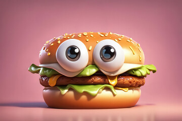 A cartoon burger with big eyes and a green lettuce on it
