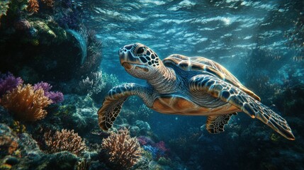 Fototapeta premium Sea Turtle Swimming Through Coral Reef