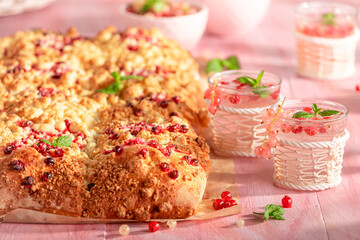 Sweet red currant yeast cake as summer dessert.