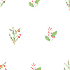 Seamless pattern of branches of red berries. Sprig of Christmas holly with red berries isolated on a white background