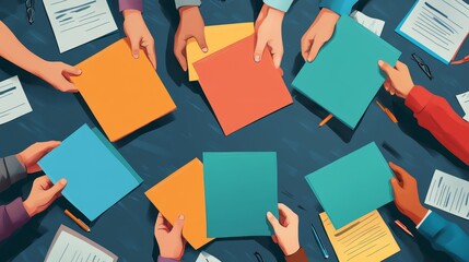 First-person view of hands holding conflict resolution training materials in a busy office with employees engaged in conversations about difficult customers. Flat design with text copy space