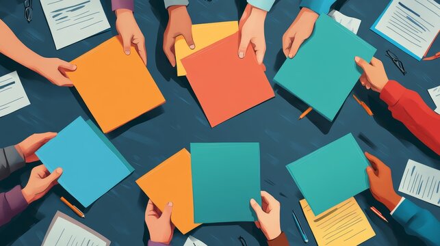 First-person view of hands holding conflict resolution training materials in a busy office with employees engaged in conversations about difficult customers. Flat design with text copy space