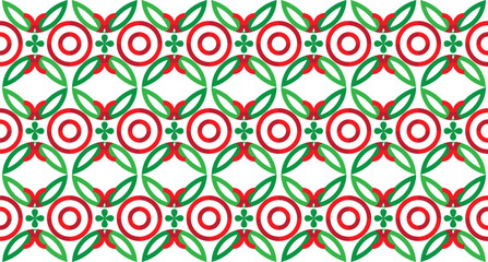 Seamless decorative geometric pattern of flower shapes arranged in a regular combination of red and green colors. Perfect for printing, design and textiles