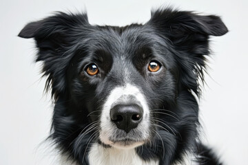 Fototapeta premium Black and white dog with brown eyes. The dog's eyes are open and staring at the camera