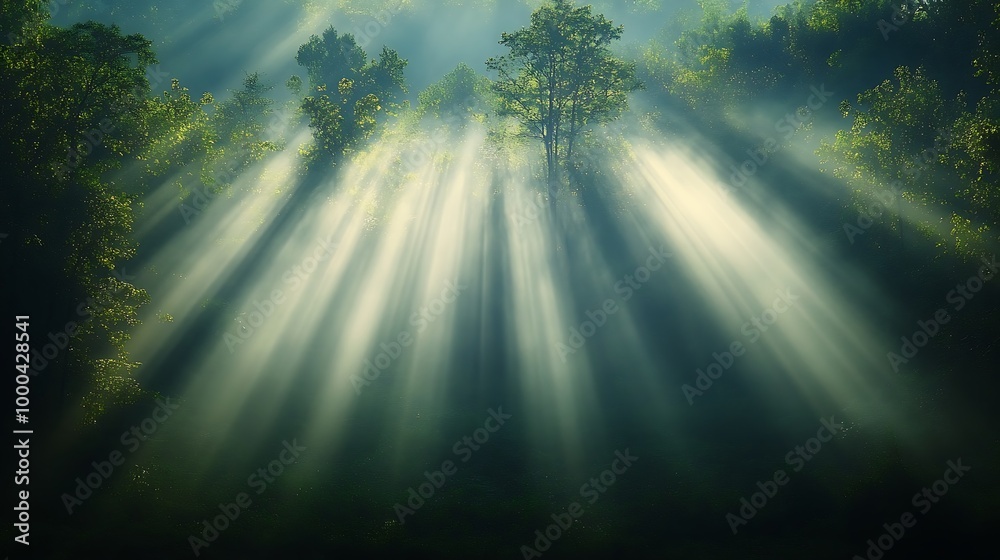 Sticker Sun rays through misty forest trees, abstract nature photography background