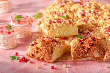 Homemade red currant yeast cake made of fresh fruits.