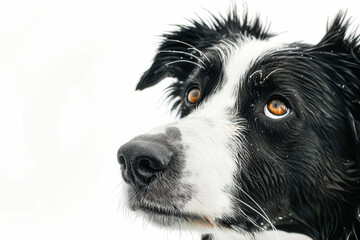 Black and white dog with brown eyes. The dog's eyes are open and staring at the camera