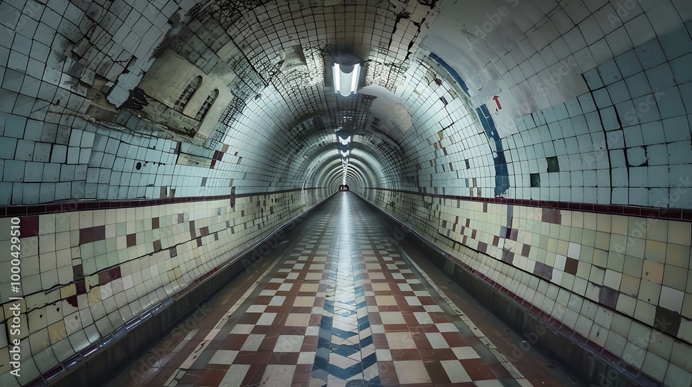 Wall mural A panoramic view of an underground tunnel lined with tiles.