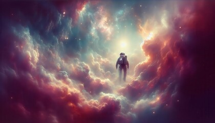 Fototapeta premium An astronaut floats through a colorful cosmic nebula, exploring the wonders of space.
