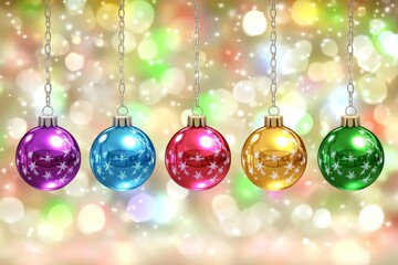 Colorful Christmas ornaments in gold red purple and green hanging from a string of lights against a blurred festive background radiating holiday cheer and joy