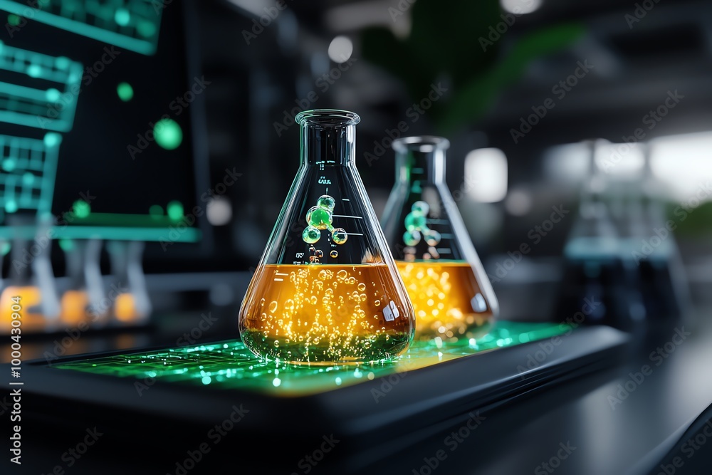 Poster Fantasy science lab with magical teaching materials, where beakers bubble with glowing liquid, and interactive charts change as students learn