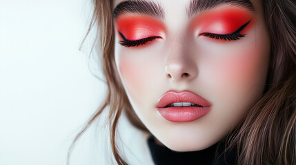 Fototapeta premium Photo shoot of a beautiful woman model for an eye shadow brand, bright eye makeup, professional photo shoot on a white background