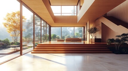 Fototapeta premium Modern minimalist interior design of living room with large windows and wooden staircase. Luxury home decor with spacious layout, natural light, and scenic view.