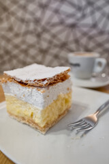 Local vanilla custard cake or Kremna Rezina served at a cafe in Bled