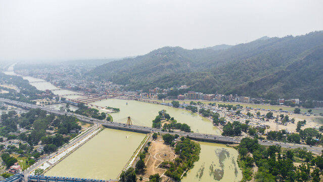 Aerial view of Har ki pauri is a famous ghat on the banks of the ganges in haridwar, India