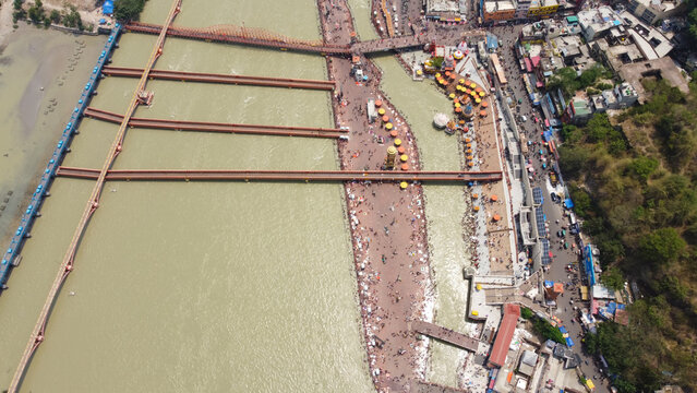 Aerial view of Har ki pauri is a famous ghat on the banks of the ganges in haridwar, India