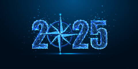 2025 vision New Year concept banner. Glowing 2025 digits and compass symbol on dark blue background. © Inna