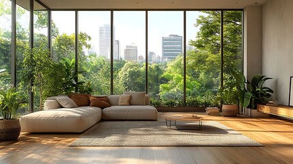 Modern living room interior design with large windows and city view.