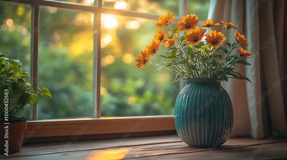 Wall mural Orange flowers in a blue vase on a windowsill with a sunset view