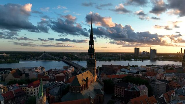 Aerial view of the Riga Old Town at sunset in Latvia.
