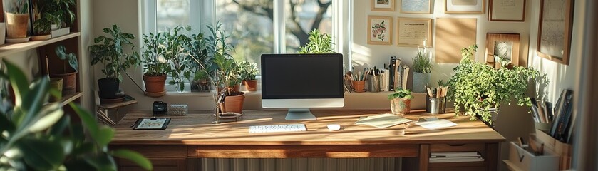 Fototapeta premium A serene workspace featuring a computer surrounded by lush indoor plants and natural light, perfect for inspiration and productivity.