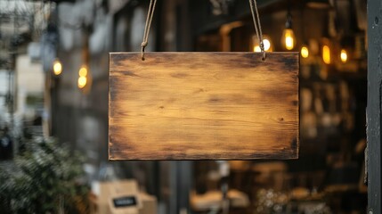 Rustic Wooden Signboard Hanging Outside a Cozy Cafe with Warm Lighting in the Background