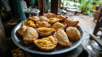 Curry puffs are a Thai snack filled with chicken and potatoes in a fried pastry