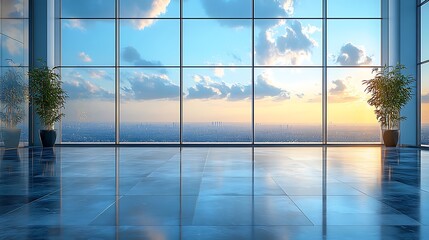 Fototapeta premium Modern Office with Large Windows and Stunning City Skyline View