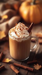 Pumpkin spice latte with whipped cream and cinnamon sticks, autumn beverage concept