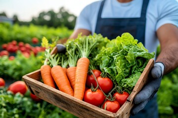 Farmer holding fresh vegetables in a wooden basket, showcasing a bountiful harvest of carrots, tomatoes, and lettuce against a vibrant farm backdrop