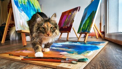 アーティストの作業部屋で、絵筆やキャンバスの間を自由に動く猫。ペイントの色が猫の毛に少し付いたり、筆にじゃれついて遊んでいる、その無邪気な姿