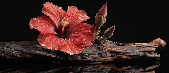 A Beautiful Single Red Hibiscus With Water Droplets Set On A Piece Of Driftwood Isolated On A Black Background With Reflections In The Black Background Surface