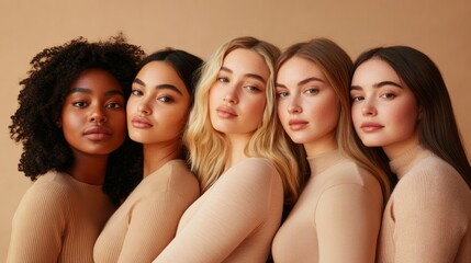 Fototapeta premium Group of diverse women posing together on beige background